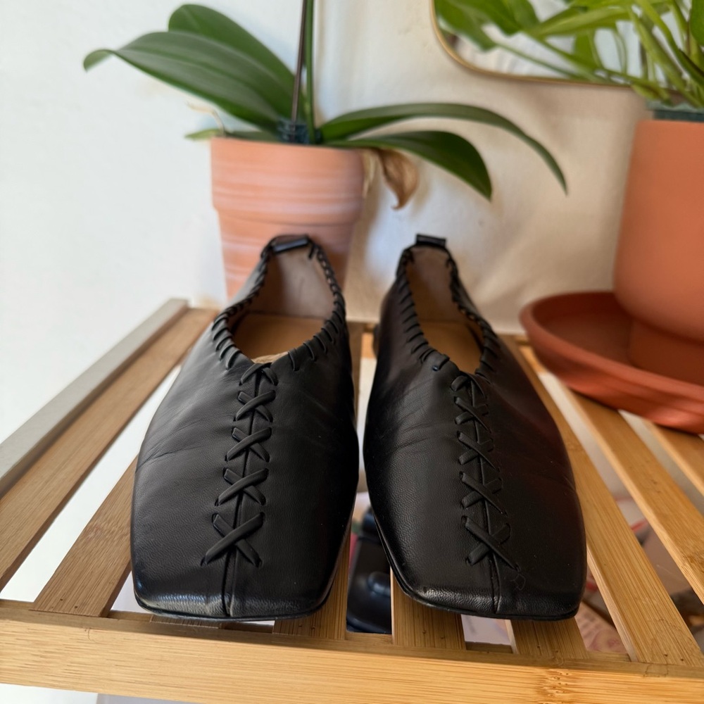 JIL SANDER Black Ring whipstitch-trimmed leather ballet flats Size 9 - Picture 6 of 11